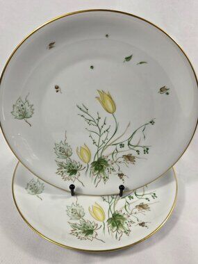 TWO Stonegate Spring Breeze Dinner Plates White with Yellow Tulips Gold Trim
